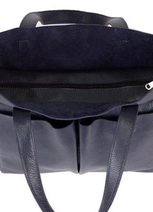 Жіноча сумка тоут з натуральної синьої шкіри з накладними кишенями5 фото