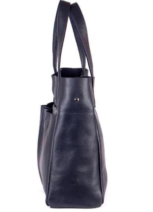 Жіноча сумка тоут з натуральної синьої шкіри з накладними кишенями4 фото