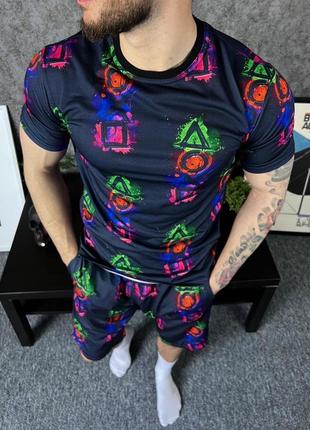 Костюм playstation качественный мужской комплект шорты и футболка премиум принтованный геометрические фигуры