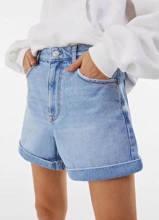 Шорти, шортики, джинсові, мом, блакитні, голубі, висока посадка, бершка, bershka