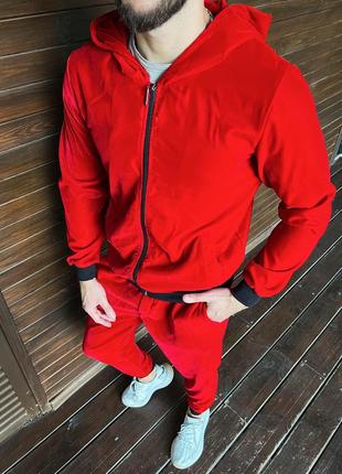 Чоловічий яскравий велюровий костюм зіп худі і штани комплект якісний червоний