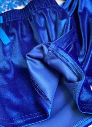 Бархатная велюровая синяя пижама четверка, майка, шорты, брюки и халат. комплект для дома2 фото