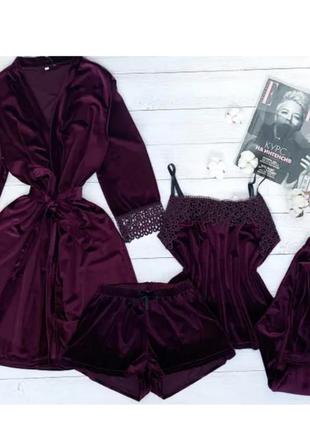 Бархатная велюровая бордовая пижама четверка, майка, шорты, брюки и халат. комплект для дома1 фото