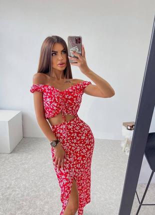 Костюм летний топ и юбка с завышенной талией костюм летний юбка с разрезом миди длины 6800...