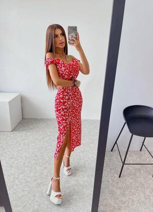 Костюм летний топ и юбка с завышенной талией костюм летний юбка с разрезом миди длины 6800...