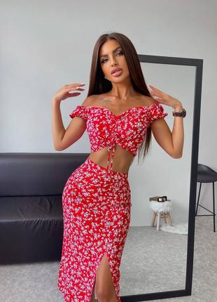 Костюм летний топ и юбка с завышенной талией костюм летний юбка с разрезом миди длины 6800...