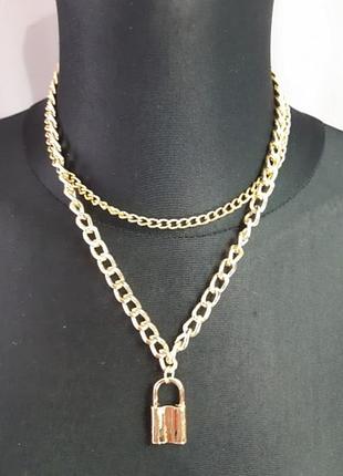 Намисто з двох ланцюгів із підвісом замок родій позолочена