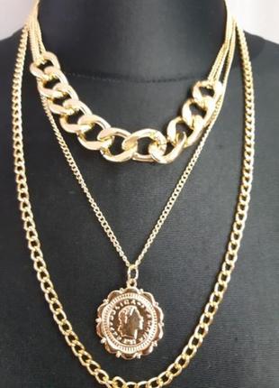 Ожерелье из трех цепей с подвесом родий позолоченная