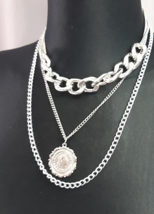 Ожерелье из трех цепей с подвесом родий серебристая3 фото