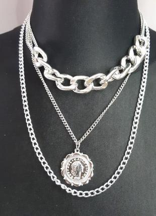 Ожерелье из трех цепей с подвесом родий серебристая