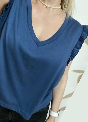 L-xl синяя футболка женская с рюшами короткая прямой фасон блуза трикотажная блузка3 фото