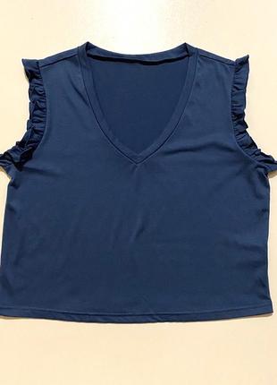 L-xl синяя футболка женская с рюшами короткая прямой фасон блуза трикотажная блузка6 фото