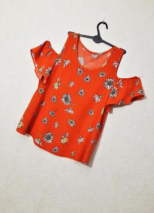 Красивая летняя блуза оранжевая в цветы короткие рукава на резинках кофточка для девушки / женская4 фото