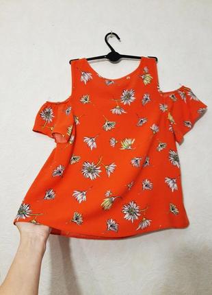Красивая летняя блуза оранжевая в цветы короткие рукава на резинках кофточка для девушки / женская7 фото