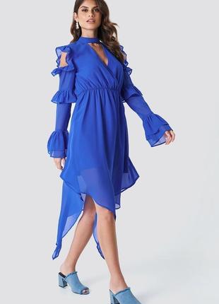 Синее шифоновое асимметричное платье миди3 фото