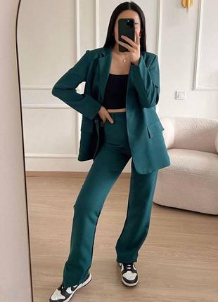 Жіночий діловий стильний класний класичний зручний модний трендовий костюм модний брюки штани штанішки та і + піджак зелений блакитний