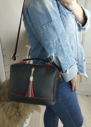Женский стильный клатч, качественная модная сумочка на 2 отдела черная с красным2 фото