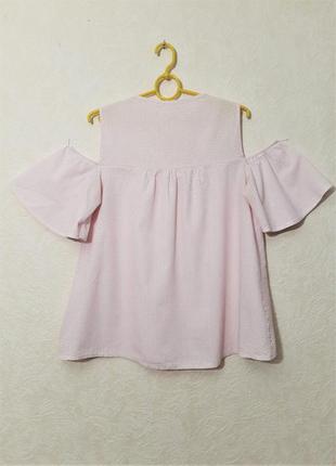 Красива літня блуза рожева в смужку верх мереживо біле короткі рукави бавовна жіноча7 фото