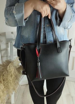 Женская стильная, качественная, модная сумочка из эко кожи черная с красным3 фото