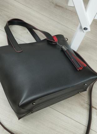 Женская стильная, качественная, модная сумочка из эко кожи черная с красным5 фото