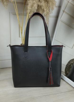 Женская стильная, качественная, модная сумочка из эко кожи черная с красным2 фото