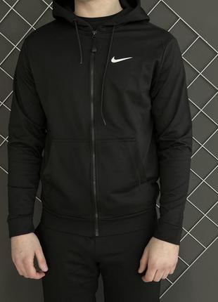 Комплект 3 в 1 демісезонний спортивний костюм nike чорна кофта на змійці + чорні штани (двонитка) + футболка біла nike