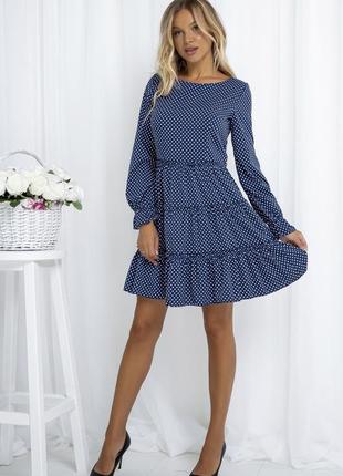 Женское платье синего цвета в горошек3 фото