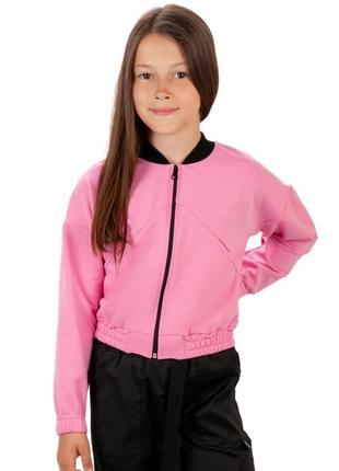 Укорочений рожевий бомбер для дівчат підлітків , кроп толстовка на блискавці, трикотажна кроп куртка підліткова, кардиган на молнії8 фото