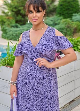 Платье миди большой размер на запах с пояском v образный вырез с воланом юбка трапеция ткань софт принт