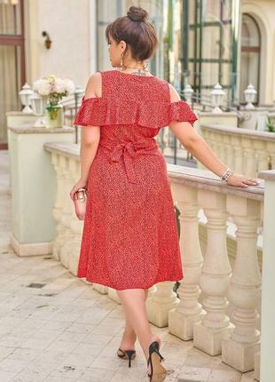 Платье миди большой размер на запах с пояском v образный вырез с воланом юбка трапеция ткань софт принт2 фото