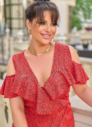 Платье миди большой размер на запах с пояском v образный вырез с воланом юбка трапеция ткань софт принт