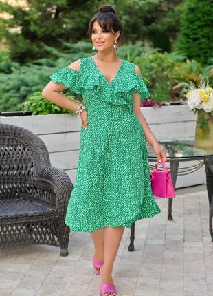 Платье миди большой размер на запах с пояском  v образный вырез с воланом юбка трапеция ткань софт принт
