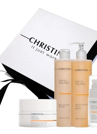 Набор для лица christina forever young (тоник, 300 мл + гель, 300 мл + сыворотка, 30 мл + крем, 50 мл) акция!