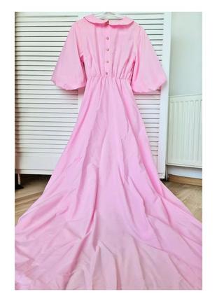 Длинное платье розовое платье макси платье с объемными рукавами нарядное нарядное нарядное нарядное хлопковое1 фото