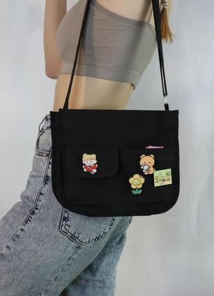 Черная сумка мессенджер через плечо со значками на 3 отделения, унисекс хлопковая...