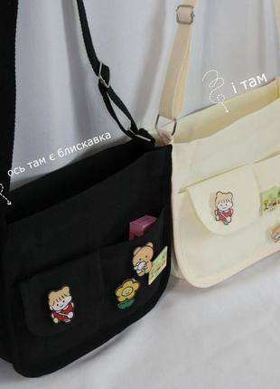 Черная сумка мессенджер через плечо со значками на 3 отделения, унисекс хлопковая...