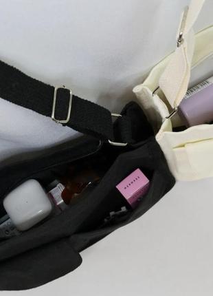 Черная сумка мессенджер через плечо со значками на 3 отделения, унисекс хлопковая...