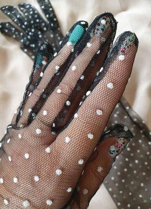 Женские длинные ажурные перчатки сетка в горох