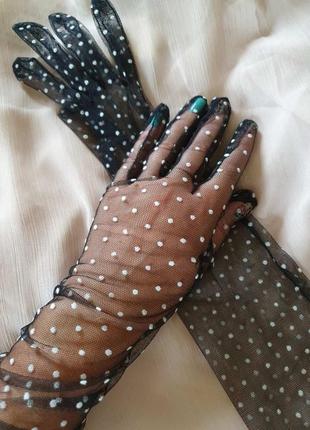 Женские длинные ажурные перчатки сетка в горох