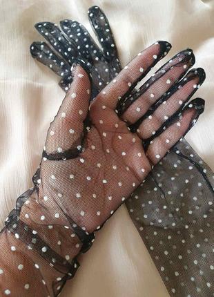 Женские длинные ажурные перчатки сетка в горох
