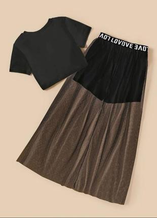 Костюм кроп топ юбка шорты миди с резинкой юбка сеточкой длинная белый черный комплект трендовая стильная базовая2 фото