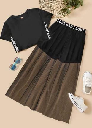 Костюм кроп топ юбка шорты миди с резинкой юбка сеточкой длинная белый черный комплект трендовая стильная базовая8 фото