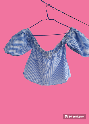 Белая в голубую полоску рубашка рубашка блуза топ майка со спущенными рукавами рукавами фонариками1 фото