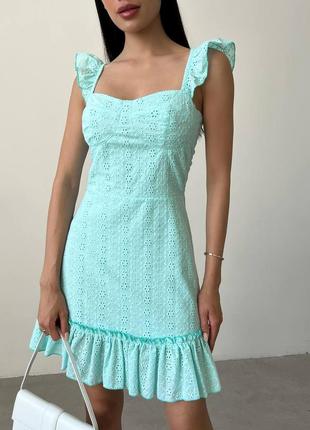 Жіноча легка літня коротка м'ятна сукня з прошви з імітацією чашки сарафан