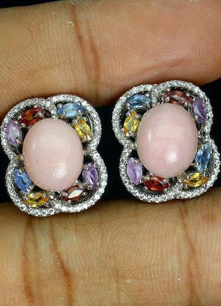 Срібні сережки з рожевим опалом і сапфірами (натуральний), срібло 925 пр.3 фото