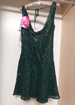 Шелковое изумрудное платье расшитое пайетками6 фото
