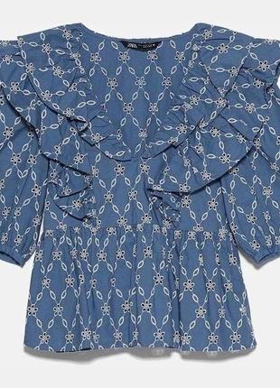 Объемная хлопковая блуза рубашка zara из прошвы свободного кроя оверсайз 100 % хлопок3 фото