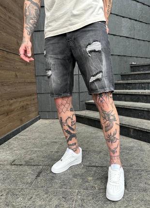 Премиум джинсовые шорты мужские качественные приталенные рваные с потертостями