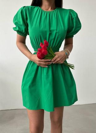 Стильна міні сукня з короткими об'ємними рукавами та резинкою на талії коротка плаття зелена чорна блакитна рожева6 фото