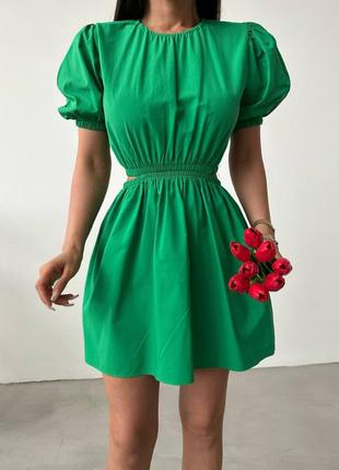 Стильна міні сукня з короткими об'ємними рукавами та резинкою на талії коротка плаття зелена чорна блакитна рожева8 фото